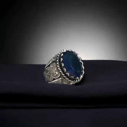 Lacivert Oniks Taşlı Gravür Yüzük