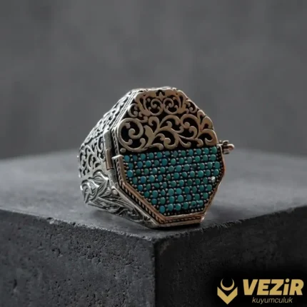 Turkuaz Taşlı Kapaklı Gümüş Yüzük