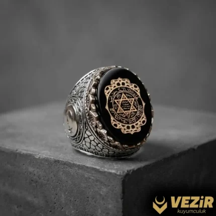Kehribar Taşlı Süleyman Mührü Gümüş Yüzük
