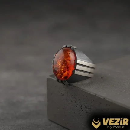 Pençe Ateş Kehribar Taşlı Gümüş Yüzük