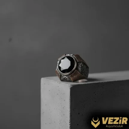 Siyah Zirkon Taşlı El İşi Gümüş Yüzük