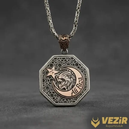Sekizgen Ayyıldızlı Gümüş Madalyon Kolye